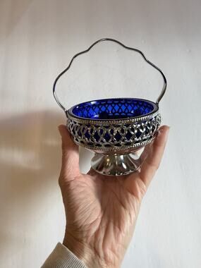 Vintage Brama Stainless England Cobalt Blue Glass Basket Nut Candy Dish Pedestal